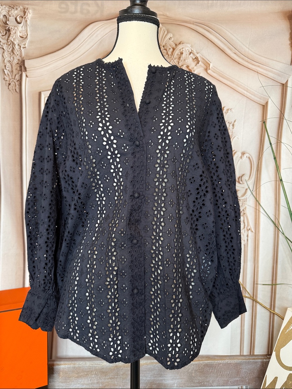 THE KOOPLES- Black Eyelet Long-Sleeve Women's Top